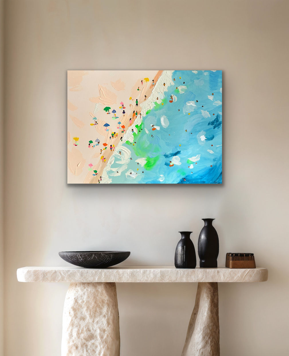 Bird’s Eye Beach – Peinture abstraite aérienne d'une plage animée