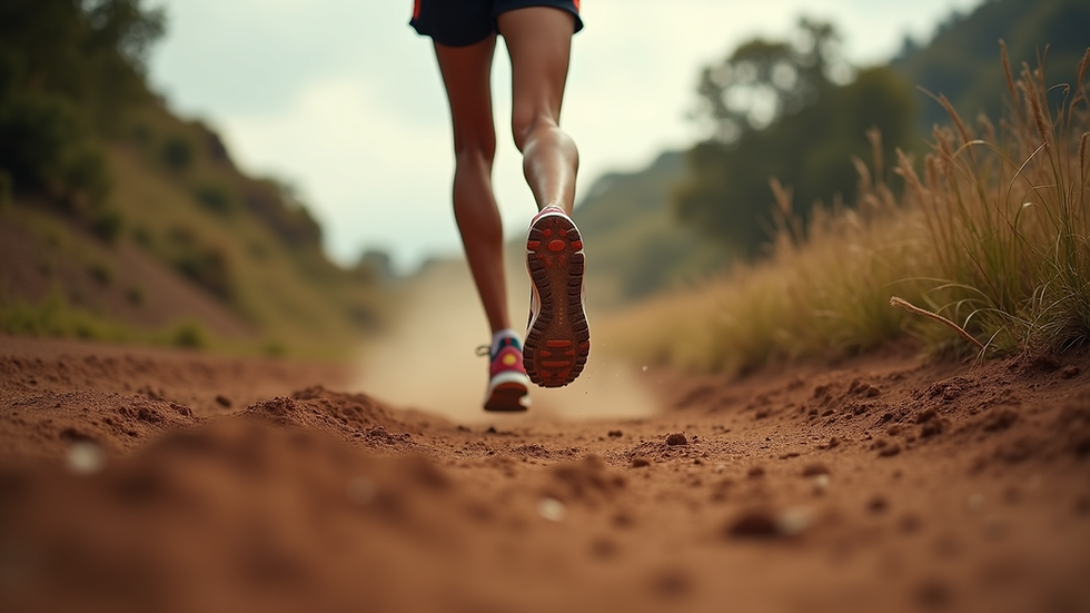 Eye-level view of a runner’s feet hitting a dirt trail