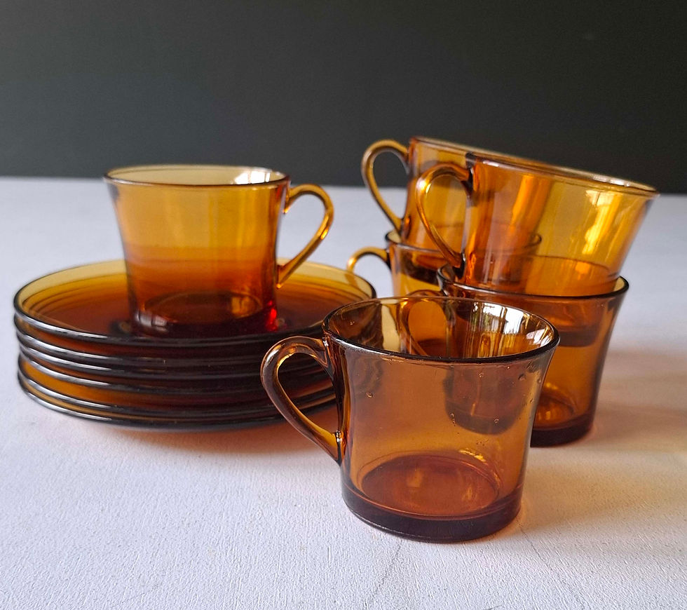 Thumbnail: Amber Glass Duralex France Small Demitasse Cups and Saucers