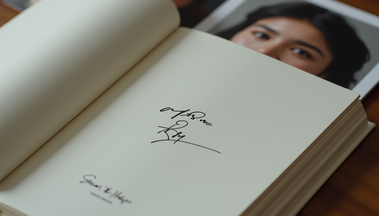 Close-up view of a signed K-Pop album with a detailed photo book and collectible cards