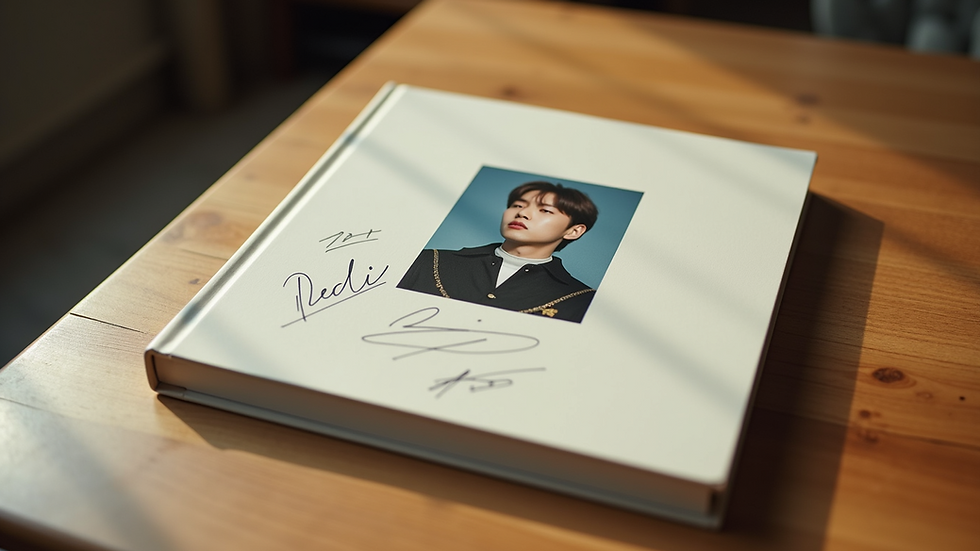 Close-up view of a signed K-pop album with photocard on a wooden table