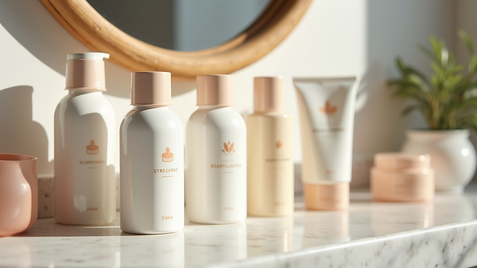 Close-up of different Korean skincare products on a vanity