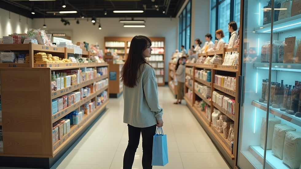 High angle view of a relaxed individual shopping in a Korean online store