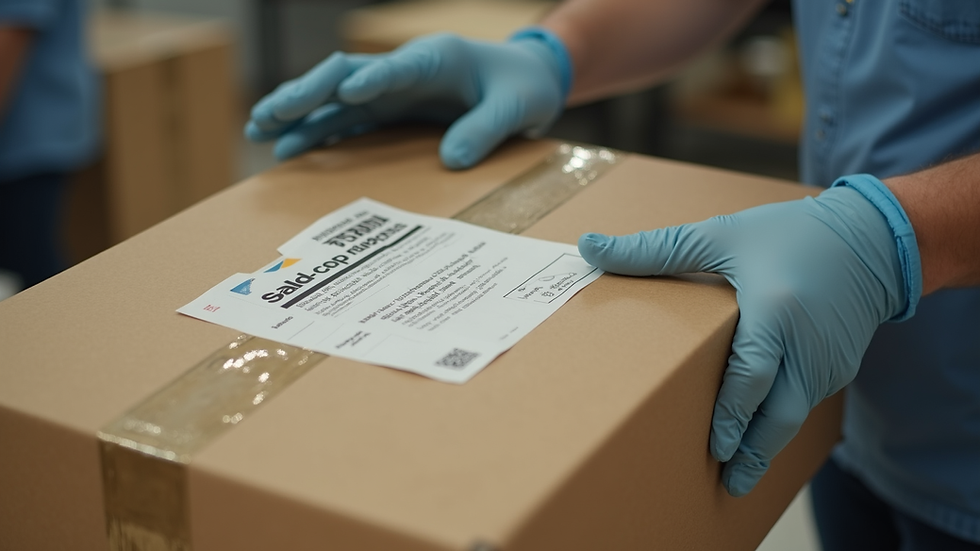 Close-up view of a package being prepared for international shipping