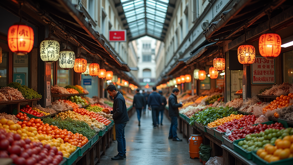 Eye-level view of a busy international market with multilingual signs