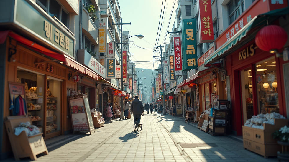 Wide angle view of a vibrant Korean shopping street filled with boutiques