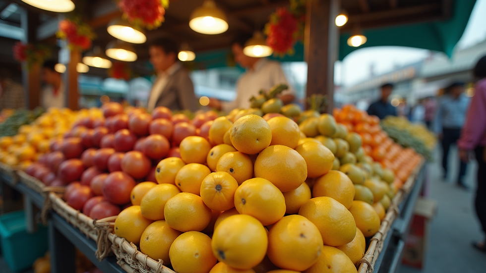 Eye-level view of a Korean market stall with colorful fruits