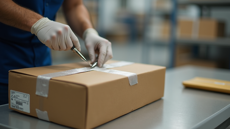 Close-up view of a package being prepared for international shipping