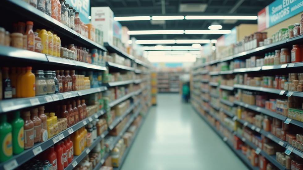 High angle view of a store aisle with multilingual signs and labels