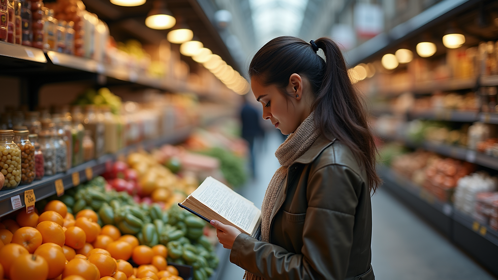 High angle view of a shopper using a phrasebook in a foreign market