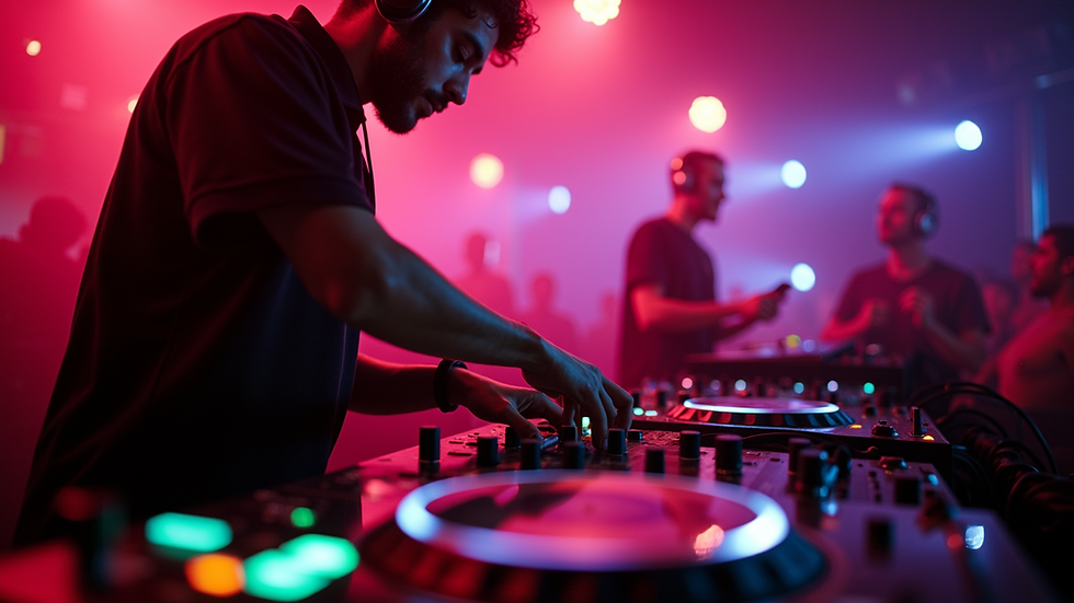 Eye-level view of a DJ spinning deep house music at a vibrant venue