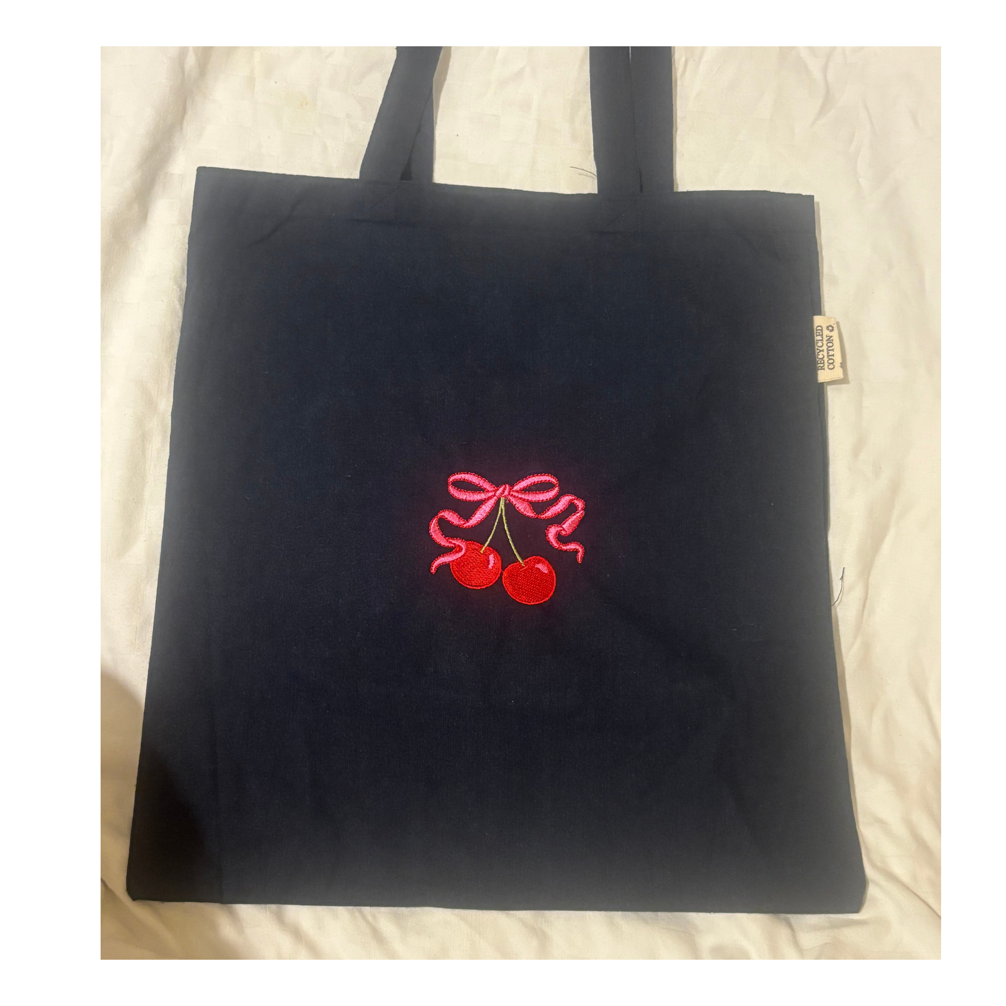 cherry and bow embroidered tote bag