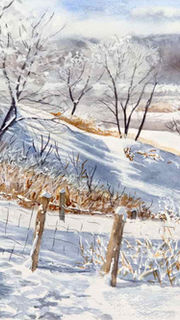 Aquarelle d'un paysage québécois d'hiver en campagne