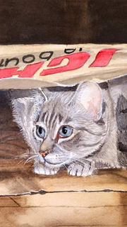 Aquarelle d'un chat siamois dans un sac d'épicerie en papier