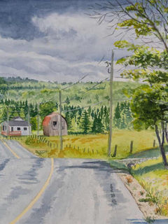 Aquarelle d'un paysage québécois de campagne avec ciel orageux