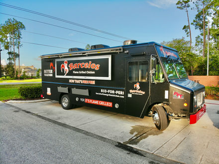 Side view of Barcelos USA custom food truck with awnings closed in Nashville, Tennessee, expertly built by leading food truck builders.