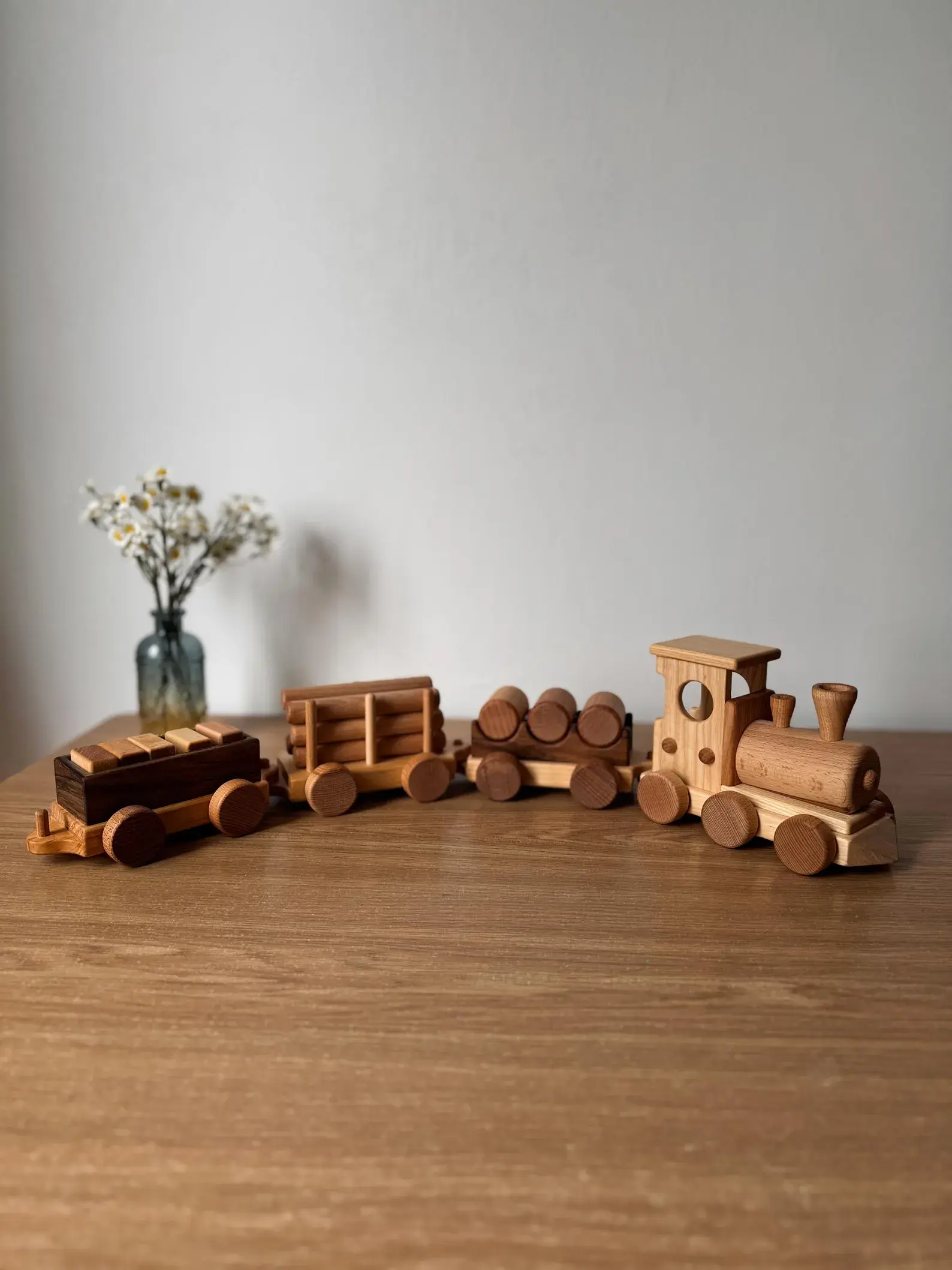 Wooden Train Set with Carriages – Handmade Pull Toy for Toddlers – Educational M