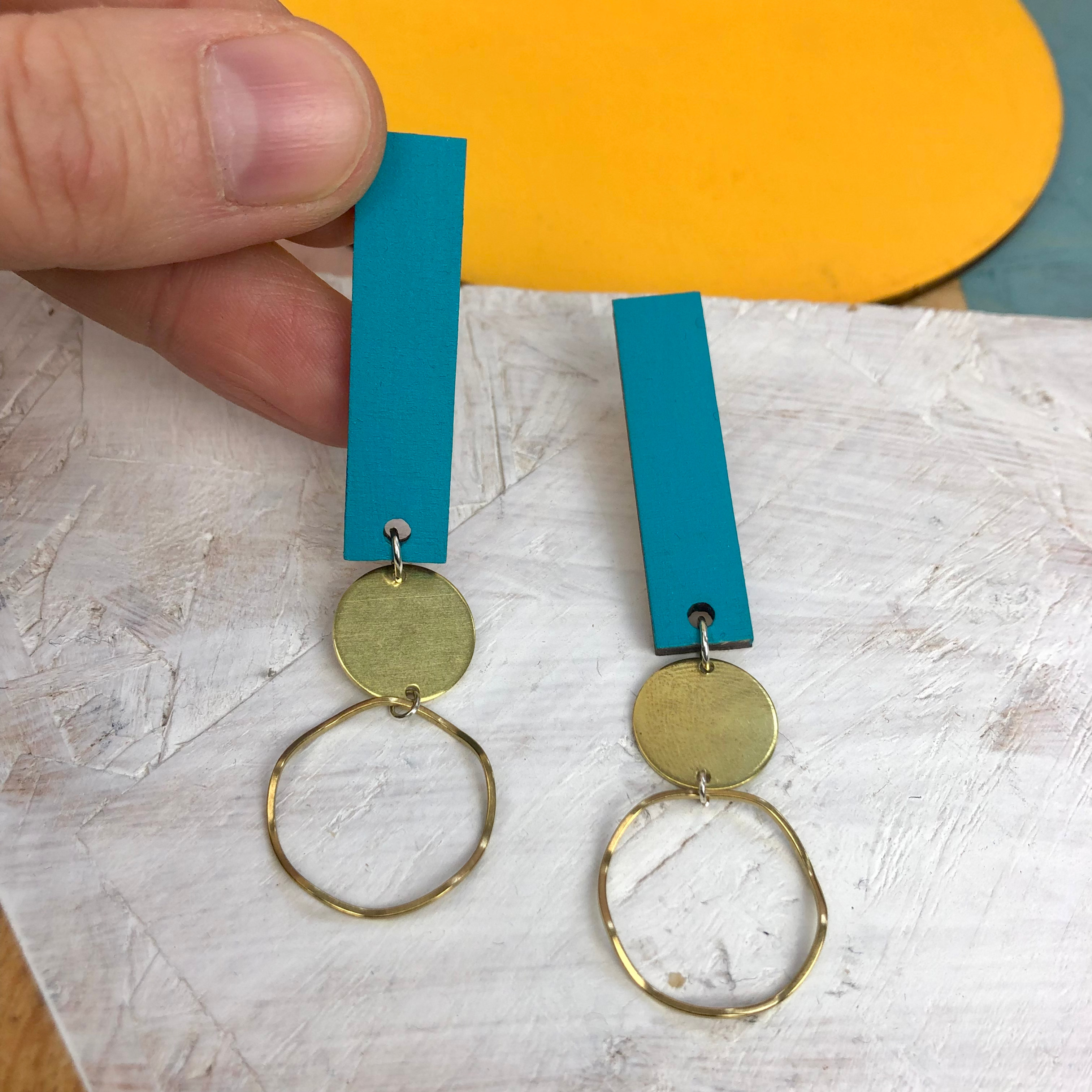 Teal Rectangle + Brass Stack Earrings