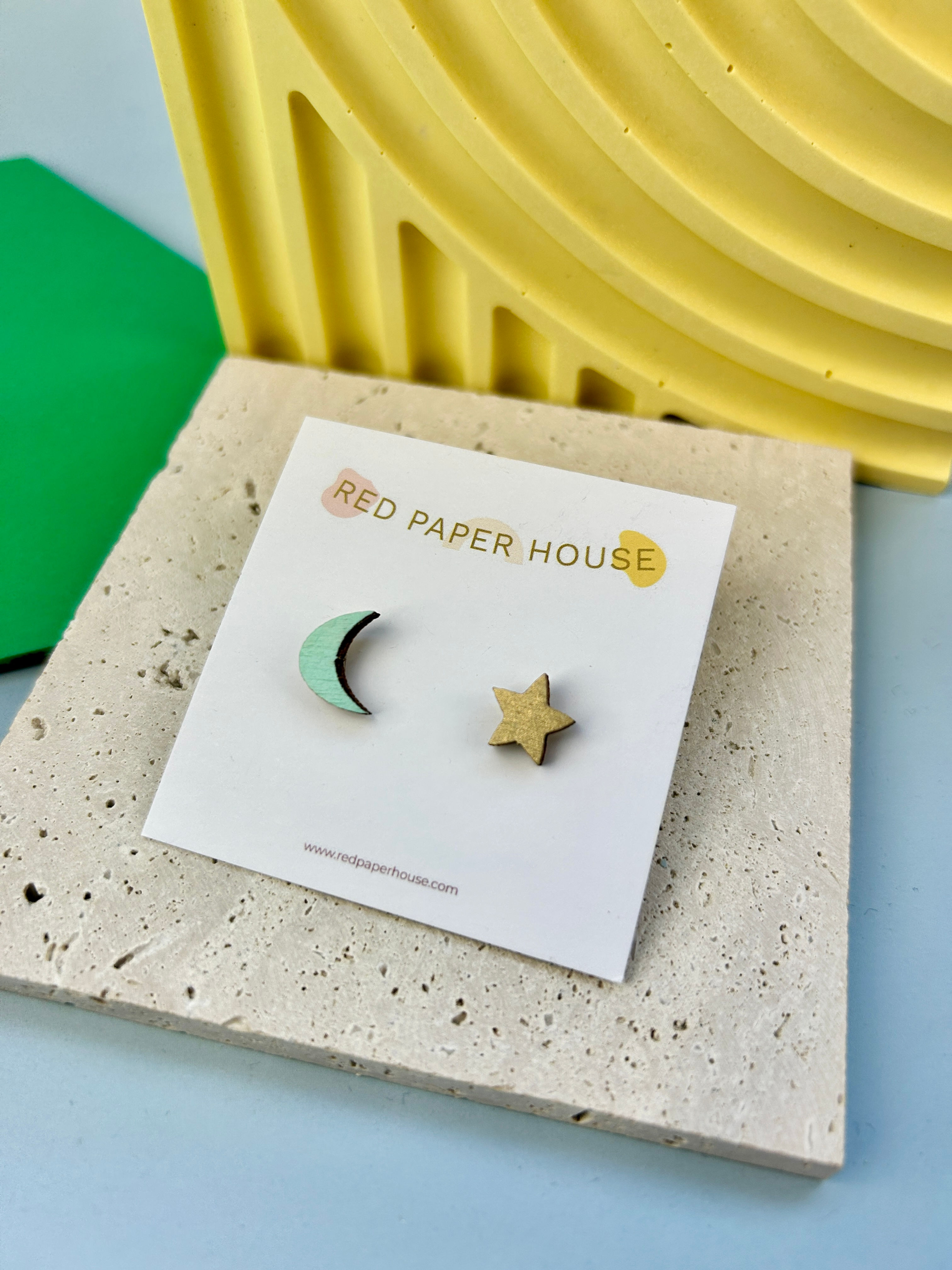 Mini Wooden Moon and Star Stud Earrings