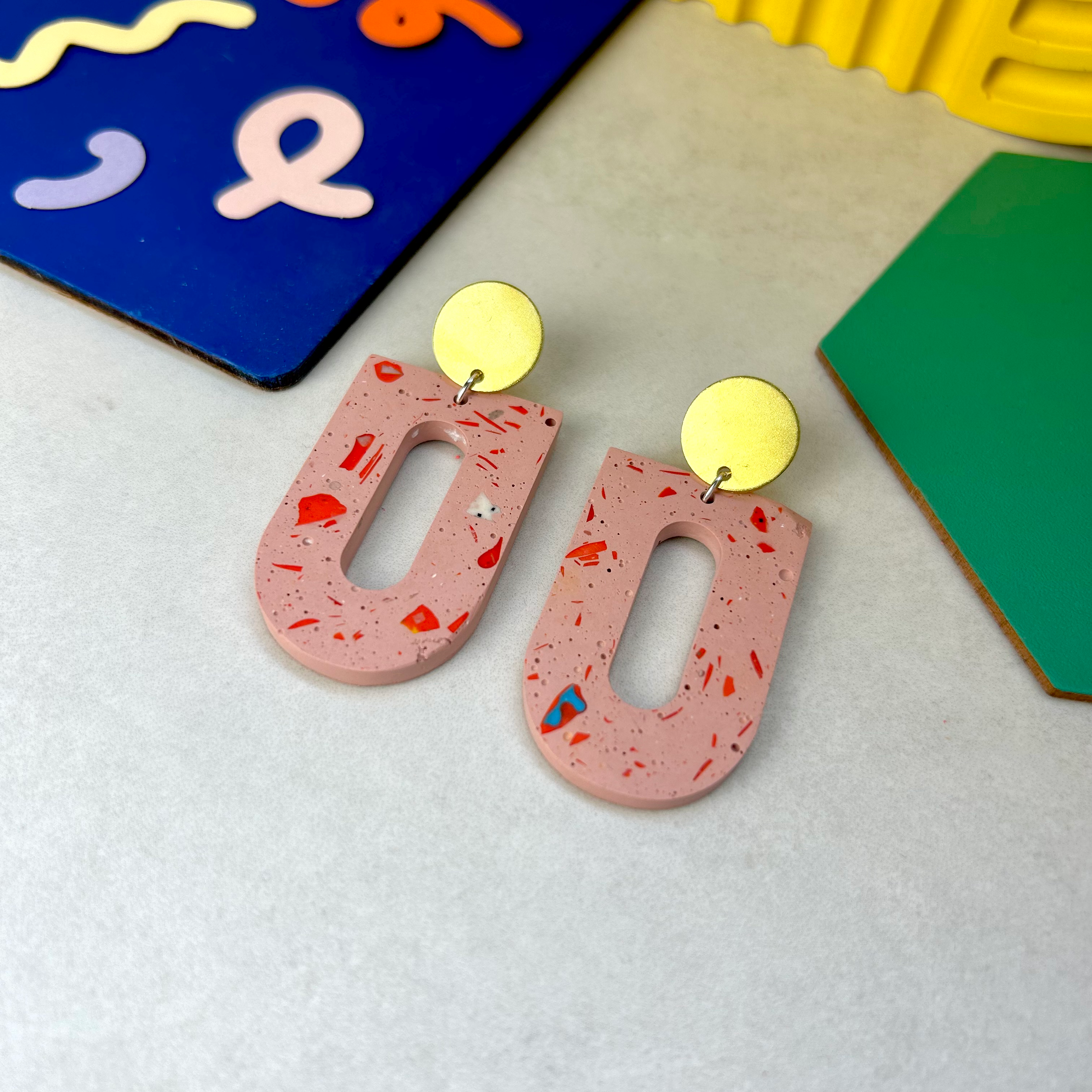Statement Pink Terrazzo Arc + Brass Circle Earrings