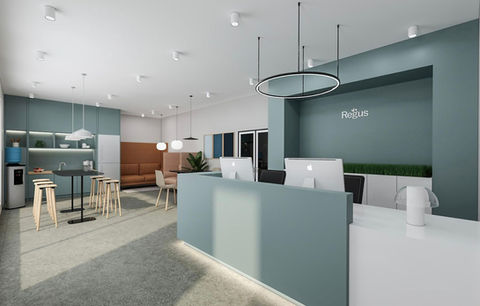 a reception area with a sign that says regus