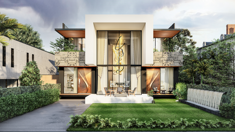 a modern house with a large chandelier hanging from the ceiling