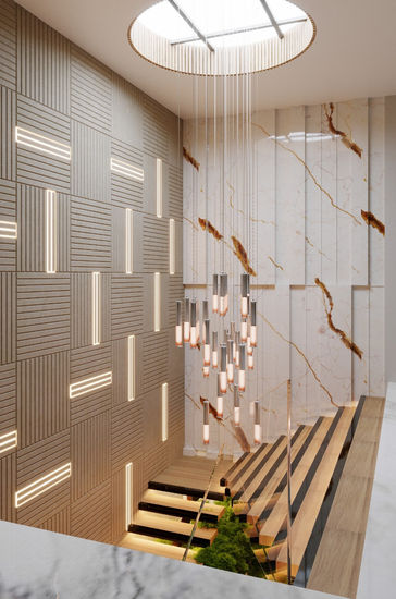 a staircase with a chandelier hanging from the ceiling