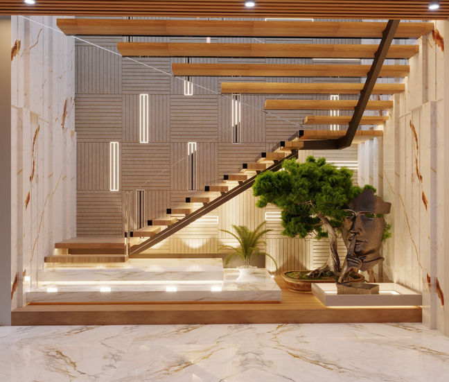 a staircase with a bonsai tree and a statue of a face