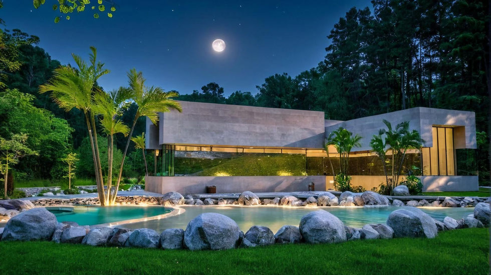 a full moon is visible over a swimming pool
