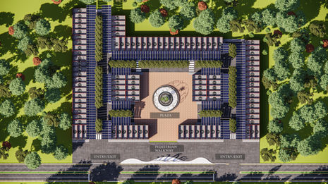an aerial view of a parking lot with a plaza in the middle