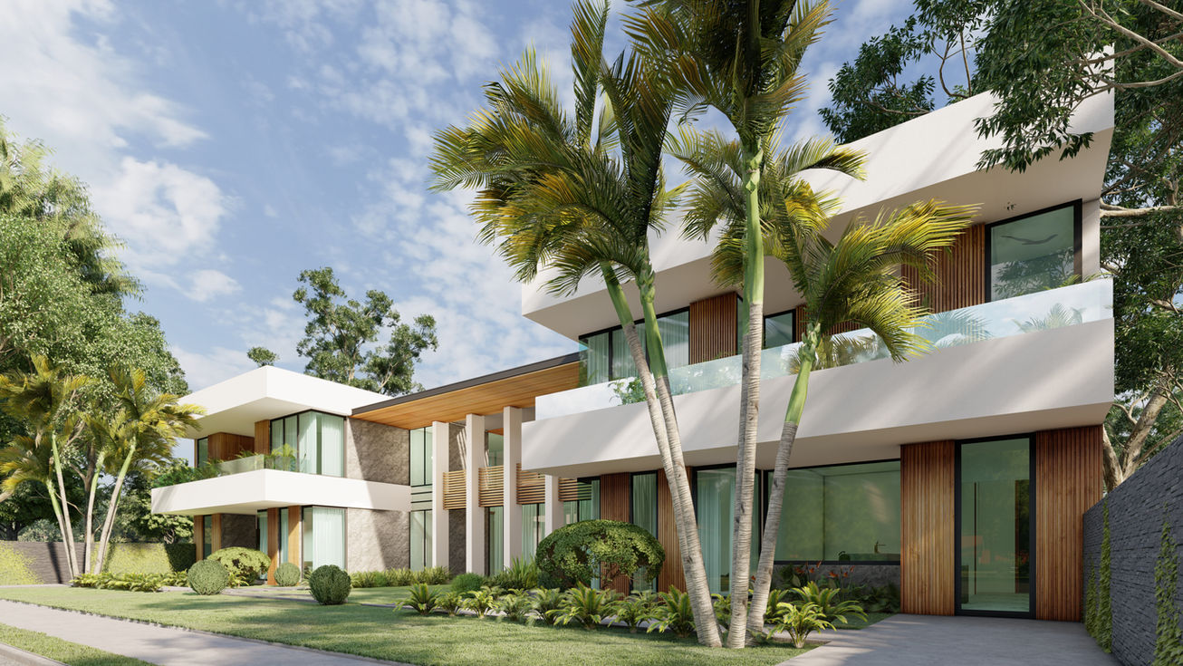 a house with a lot of windows and palm trees in front of it