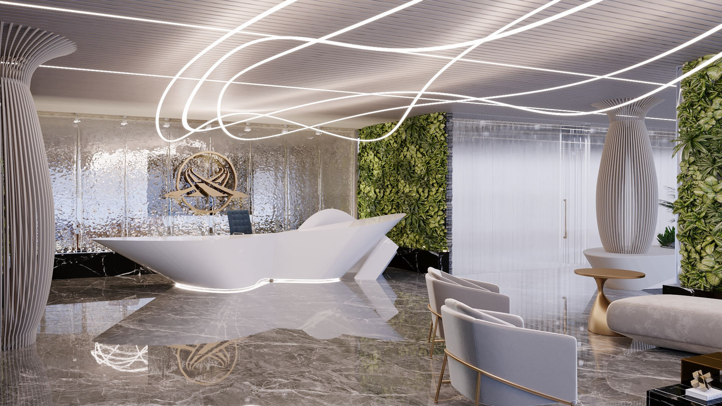 a reception area with a large white counter and chairs