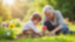 Grandmother and grandson gardening, sharing family time together.