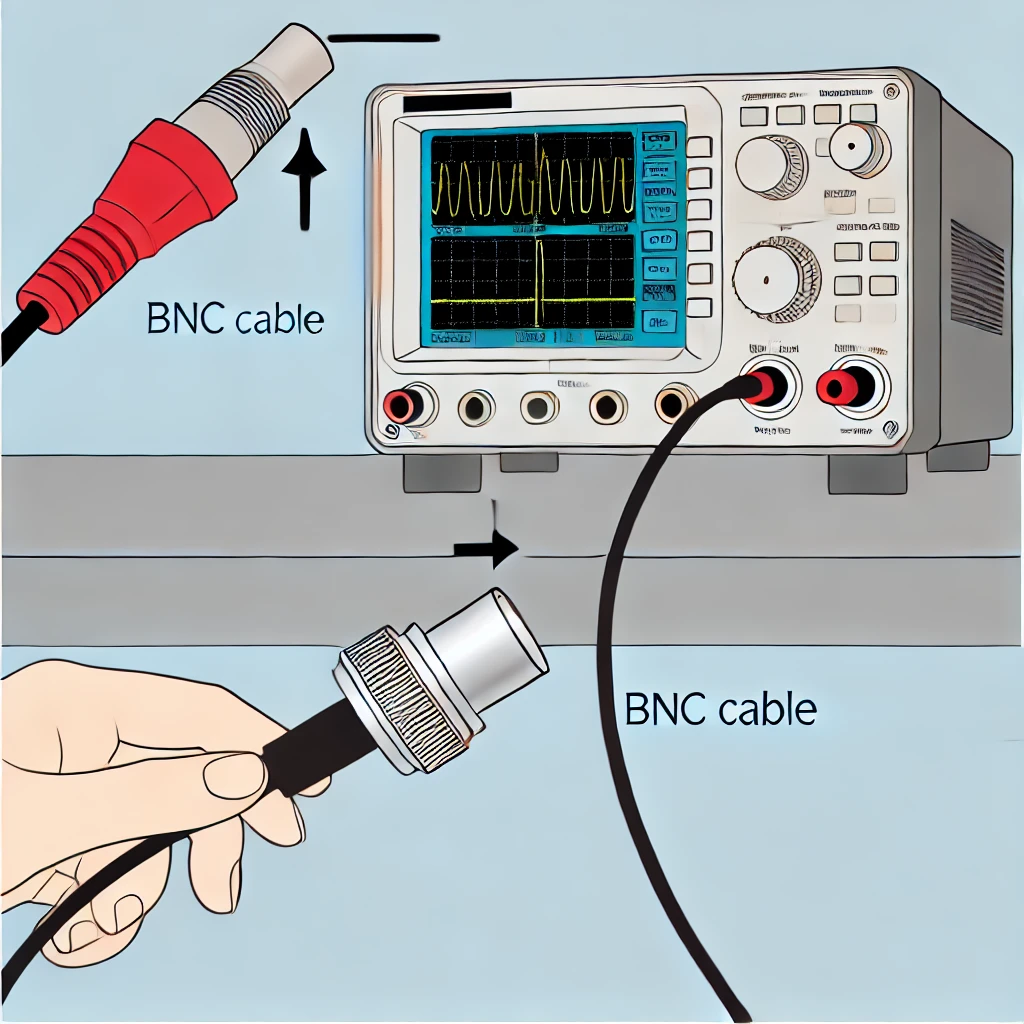 Kết Nối Đầu Dò Với Oscilloscope: Đầu tiên, kết nối đầu dò với oscilloscope bằng cách sử dụng cáp BNC. Đảm bảo rằng các kết nối được thiết lập chắc chắn để tránh nhiễu.