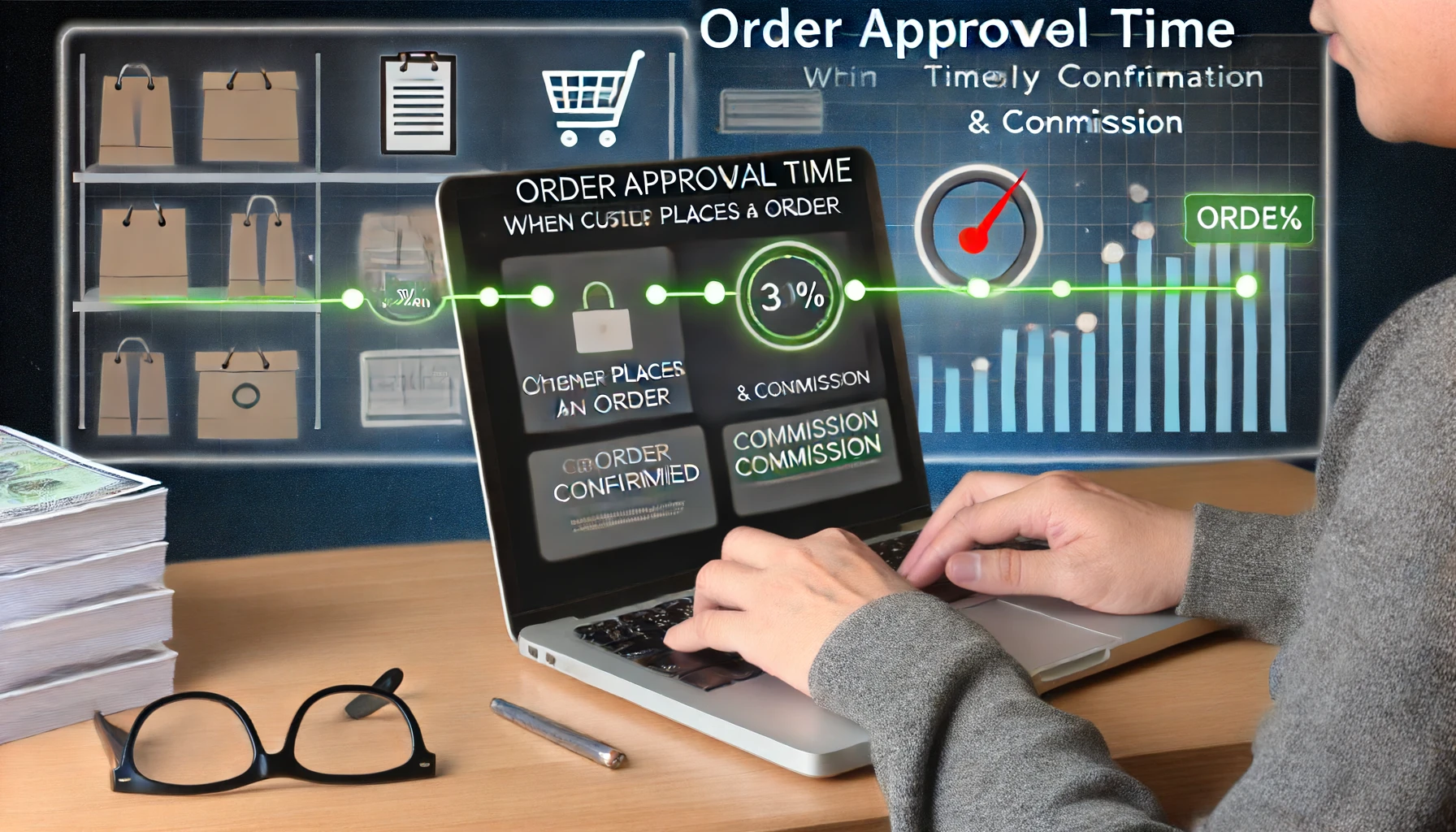 Here are two realistic images depicting the order approval time in affiliate marketing, highlighting the process from when a customer places an order to when the order is confirmed and commission is recorded.