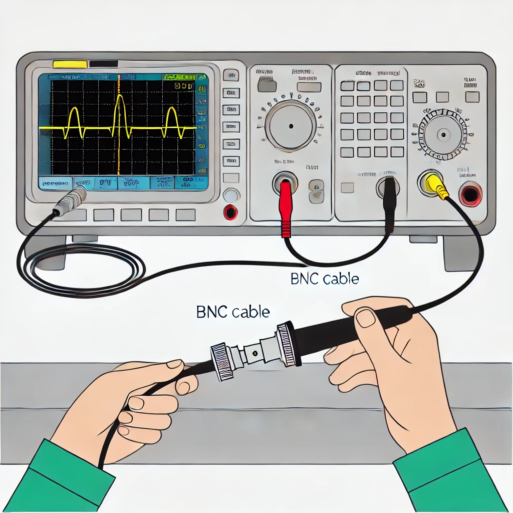 Kết Nối Đầu Dò Với Oscilloscope: Đầu tiên, kết nối đầu dò với oscilloscope bằng cách sử dụng cáp BNC. Đảm bảo rằng các kết nối được thiết lập chắc chắn để tránh nhiễu.
