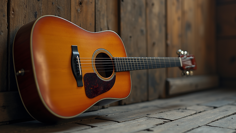Eye-level view of a vintage guitar resting against a rustic wooden wall