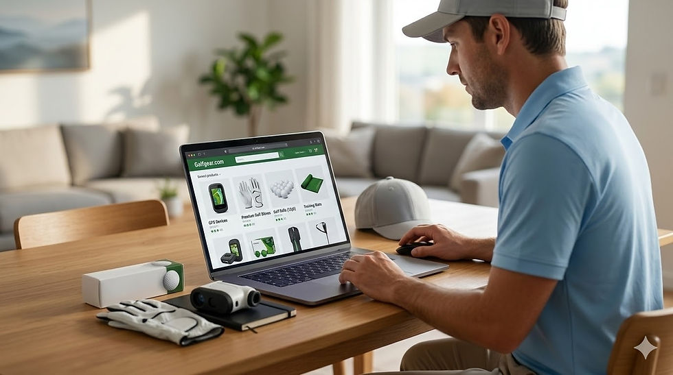 Golfer browsing golf equipment online beside a golf bag in Canada.