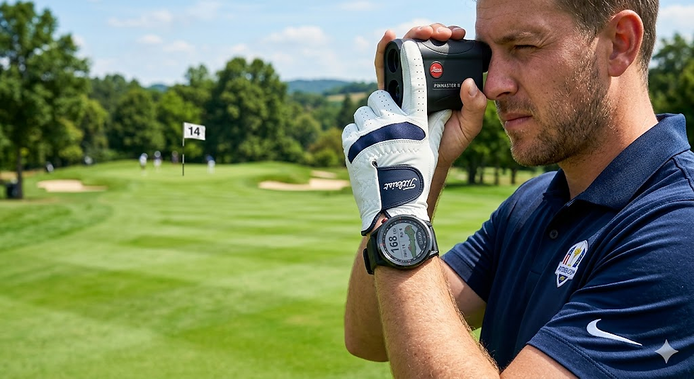Golfer using GPS watch and rangefinder on a golf course.