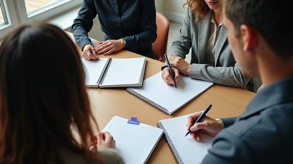 High angle view of a group of people collaborating around a table with open notebooks