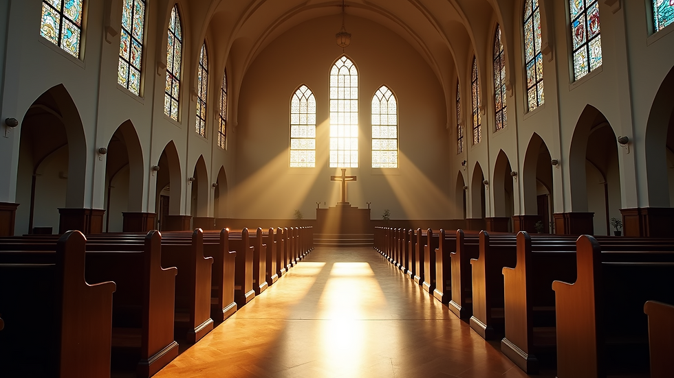 High angle view of a quiet church interior with sunlight streaming through stained glass windows