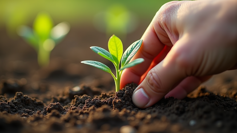 Close-up view of a hand holding a small seedling growing in soil