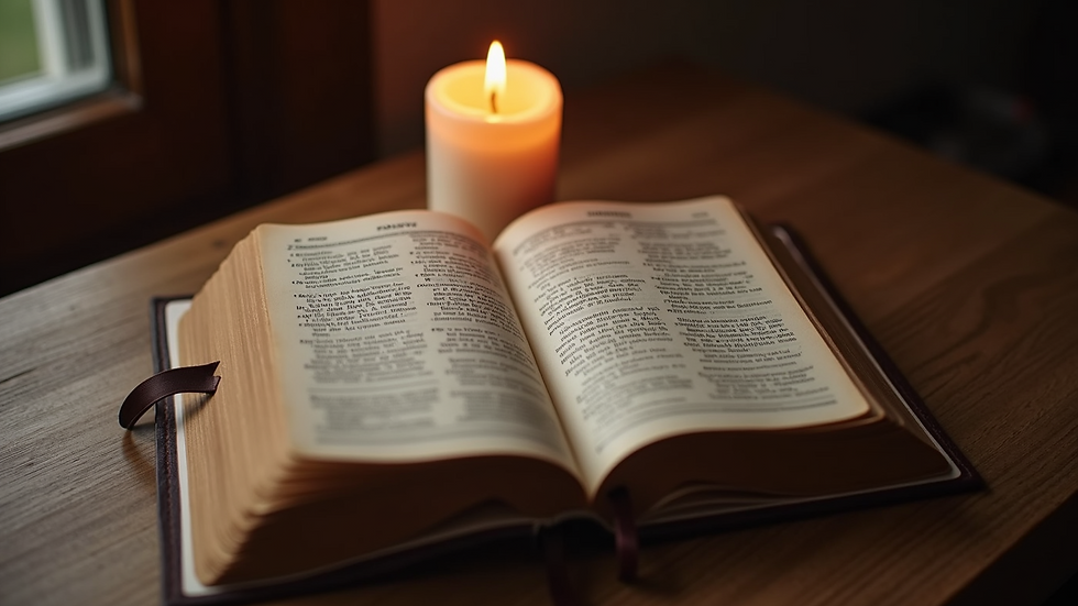 High angle view of a candle burning beside an open prayer journal