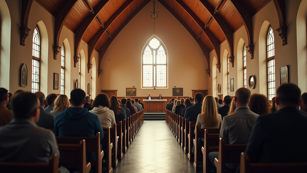High angle view of a community meeting in a church hall