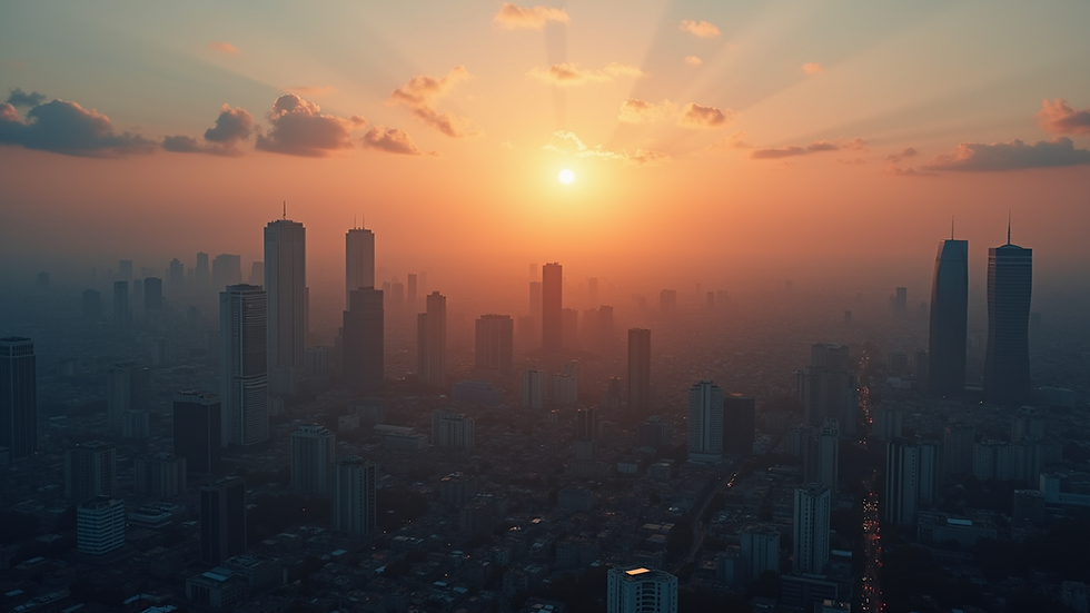 Wide angle view of a city at dawn