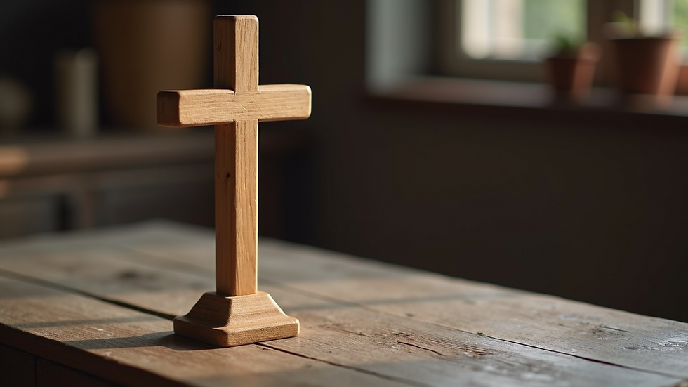 Eye-level view of a wooden cross on a rustic table