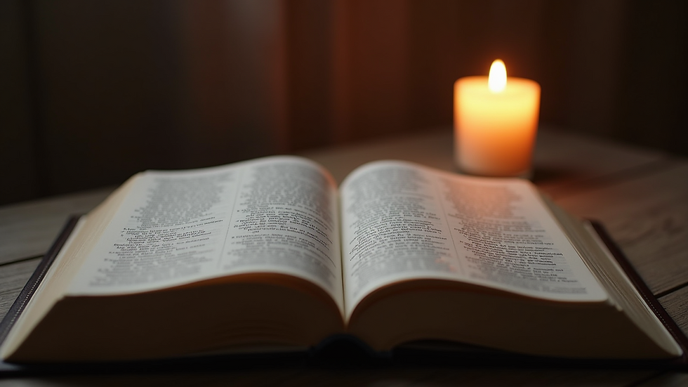 Eye-level view of an open Bible with a lit candle beside it