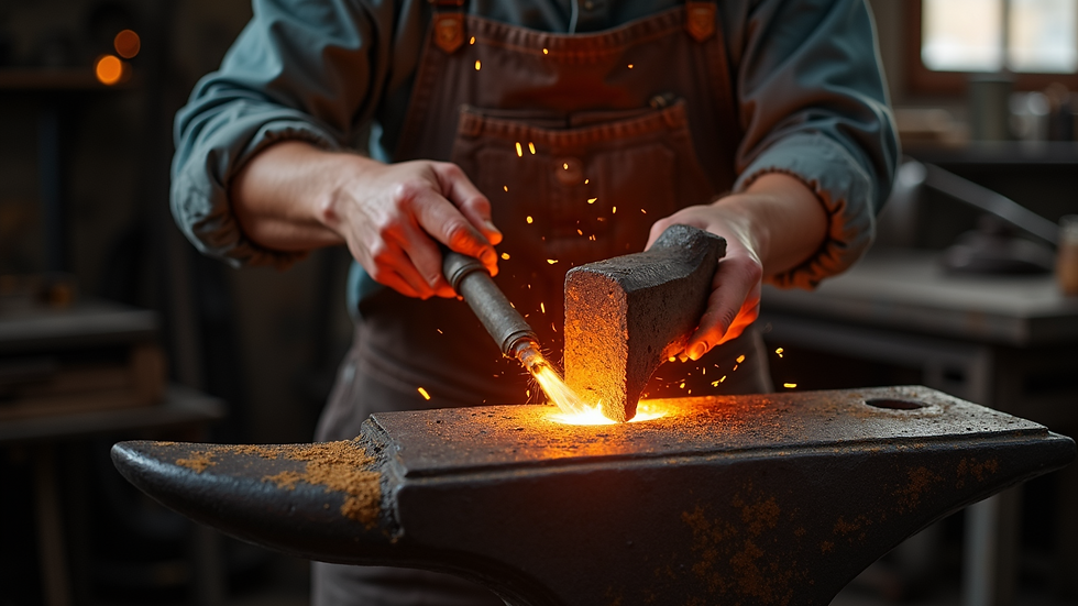 Close-up view of a blacksmith hammering glowing steel on an anvil