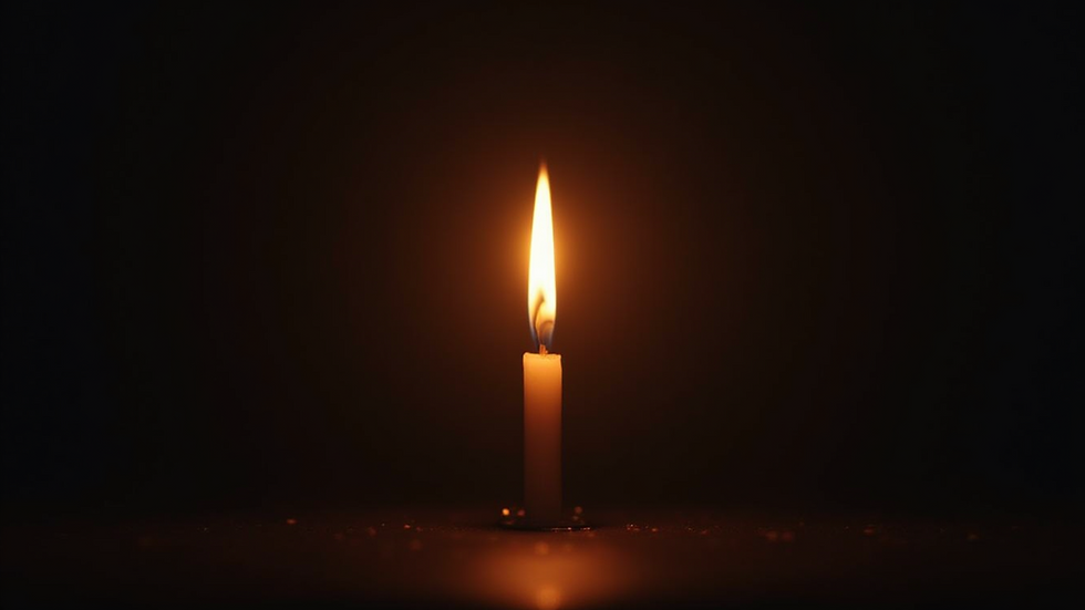 Eye-level view of a single candle flame glowing in darkness