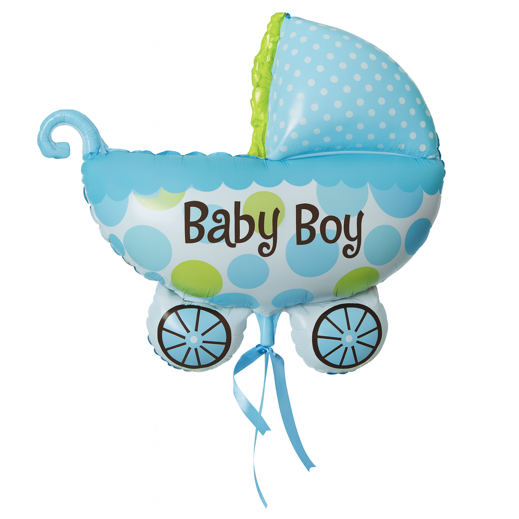 Balon foliowy baby boy wózek 78x72 cm – niebieski balon w kształcie wózka dla chłopca, idealny na baby shower lub narodziny.